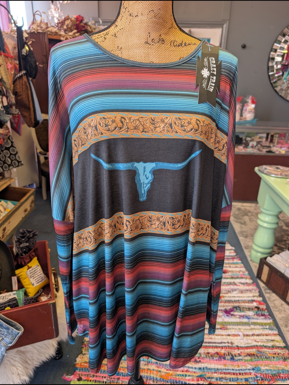 Western Serape Stripe Long Sleeve Top with Bull Skull - Blue/Black